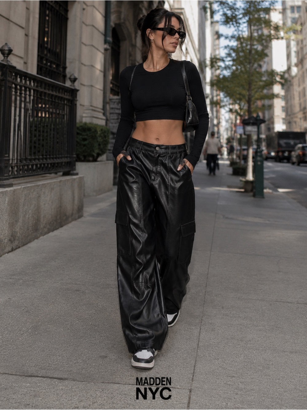 Black Faux Leather Strap Cargo Pants